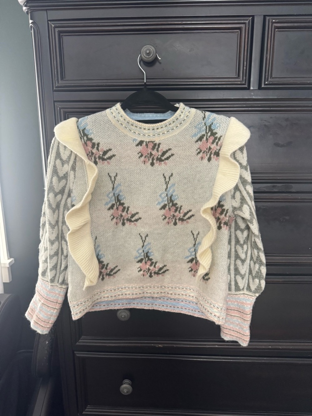 Cider Cream Floral Ruffle-Trim Crew Sweater